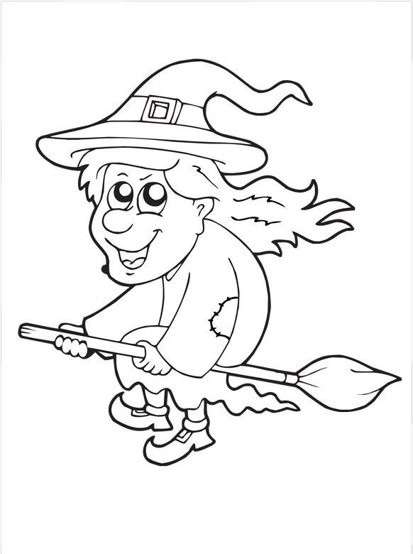 Coloring page witch on a broomstick on Halloween